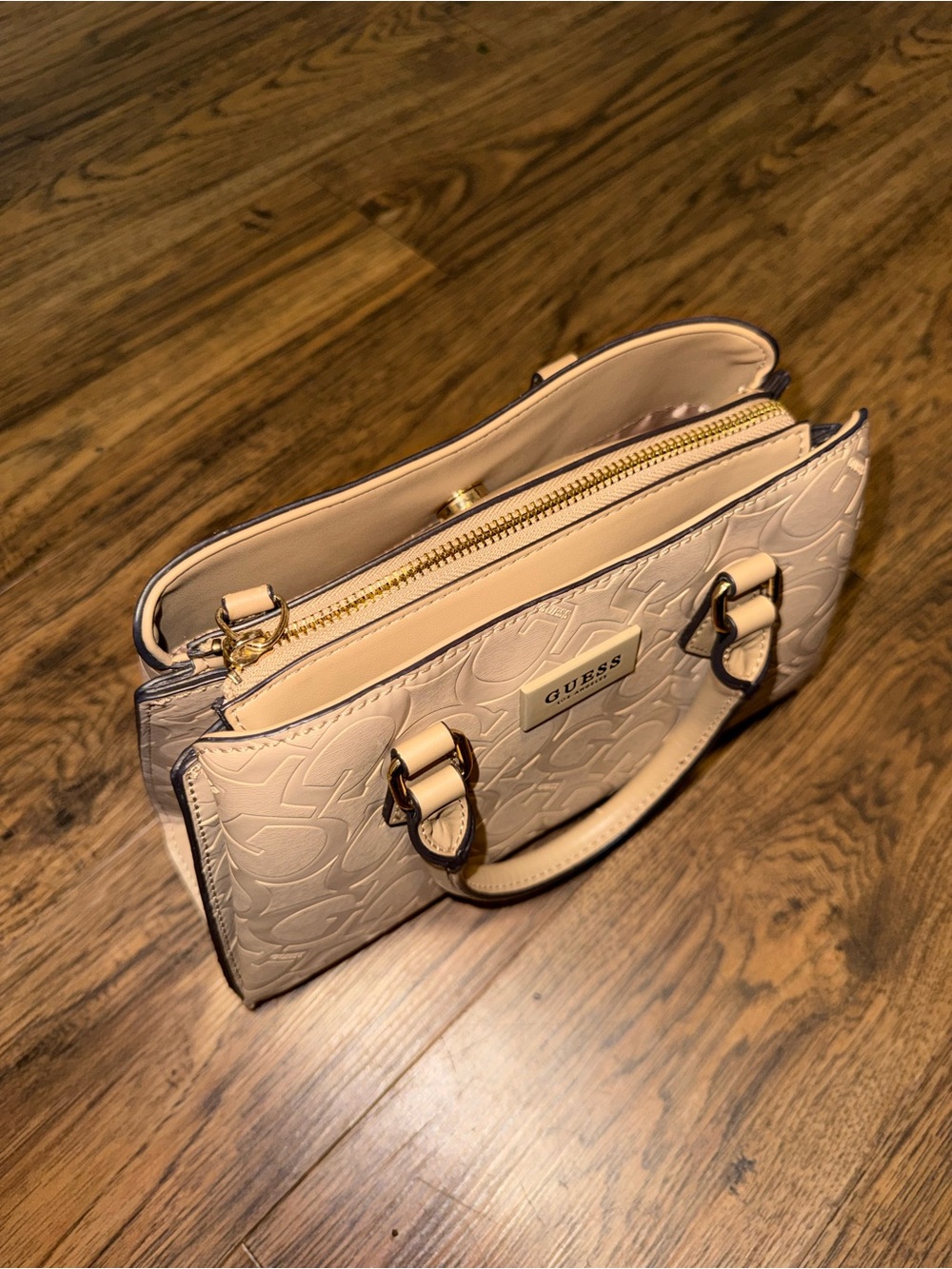 GUESS Light Beige Embossed Satchel with Gold Hardware